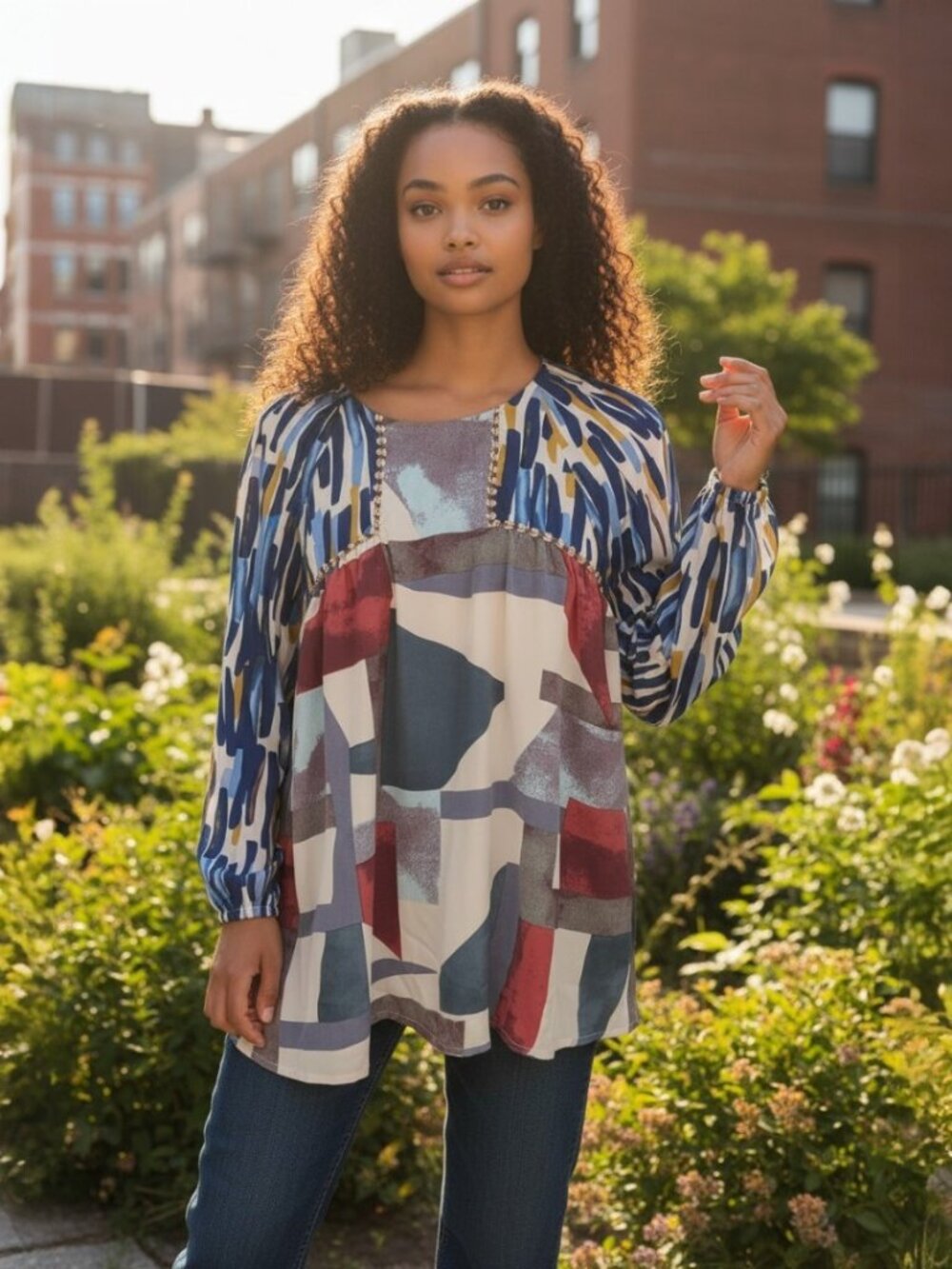 entro Multicolor Abstract Patchwork Long-Sleeve Blouse Size S